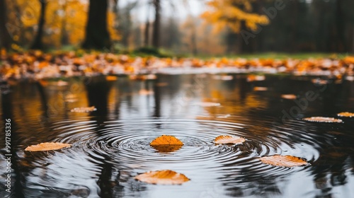  A cluster of leaves drifting atop a tranquil lake surrounded by a dense woodland brimming with verdant foliage