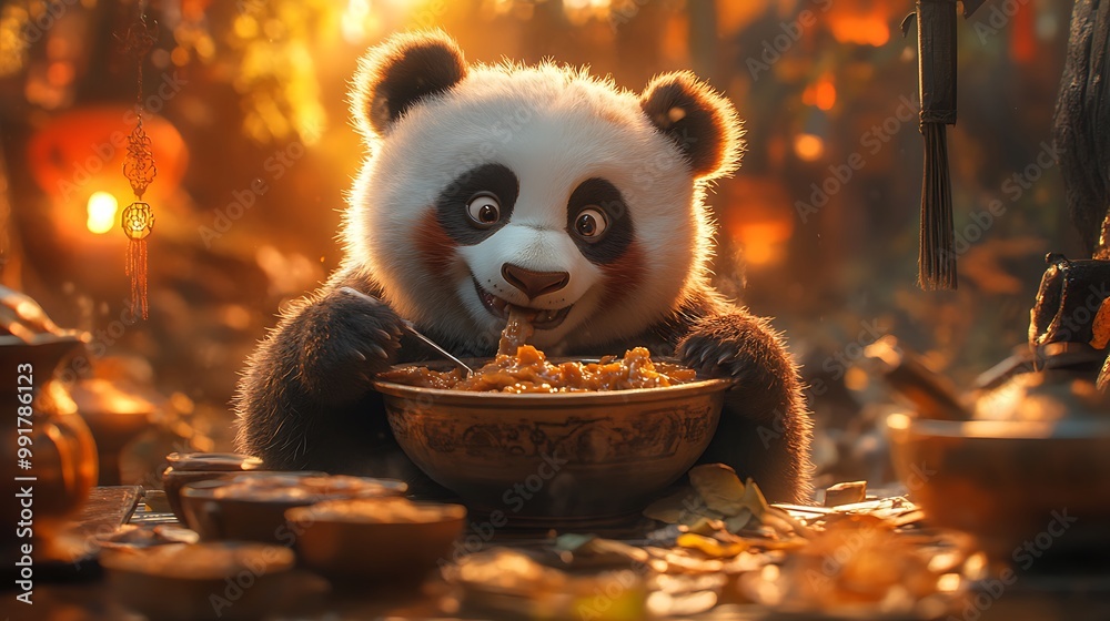 A cute panda bear enjoys a delicious meal in a traditional Chinese setting. A cute panda bear enjoys a delicious meal in a traditional Chinese setting.