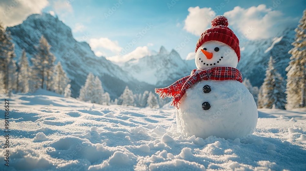 Obraz premium A snowman in a red hat and scarf stands in the snow in front of a mountain covered in snow
