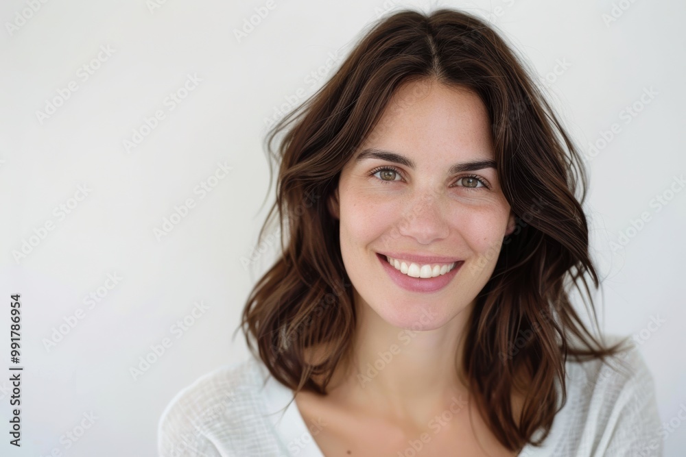 : Elegant dark brown-haired woman portrait on white background, highlighting wellness. : Elegant dark brown-haired woman portrait on white background, highlighting wellness.