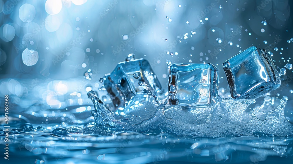 Realistic frozen ice cubes and splashes of water waves create a backdrop for a kitchen splash panel Realistic frozen ice cubes and splashes of water waves create a backdrop for a kitchen splash panel