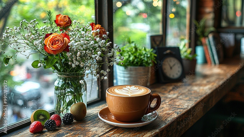 Fototapeta premium A coffee cup perched atop a windowsill alongside a blooming vase of fruits