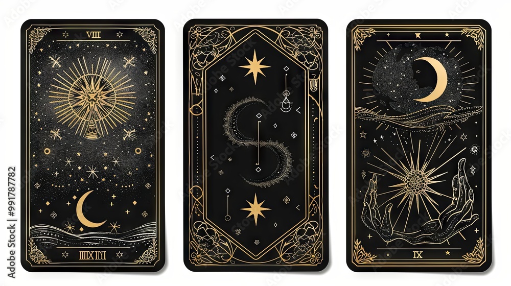 A set of three black tarot cards featuring magical and occult designs A set of three black tarot cards featuring magical and occult designs