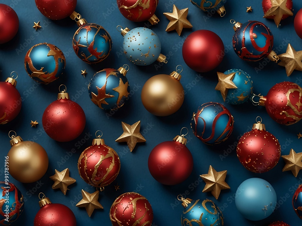 Scattered Christmas ornaments with stars on a blue background. Scattered Christmas ornaments with stars on a blue background.