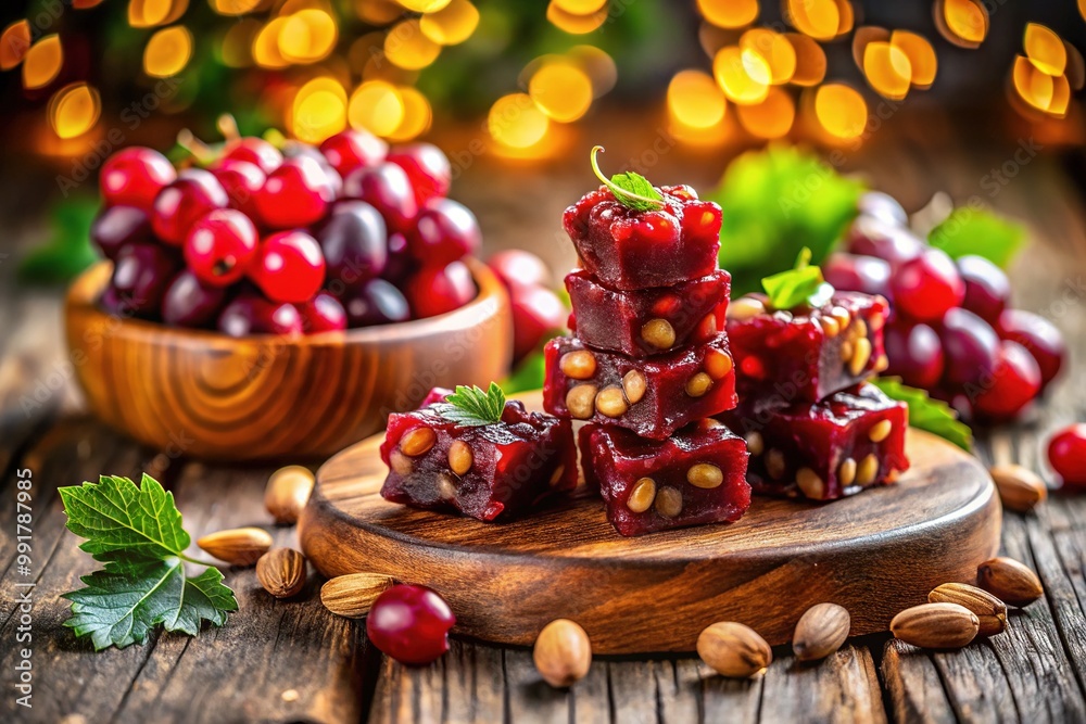 Traditional Georgian Churchkhela Candies Made with Nuts and Grape Juice on Wooden Background Traditional Georgian Churchkhela Candies Made with Nuts and Grape Juice on Wooden Background