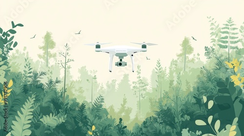 Drone Monitoring Lush Forest: Technology and Nature Connection in Flat Vector Design