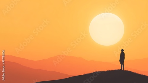 Silhouette of a person standing on a hilltop facing a large sun in the sky.