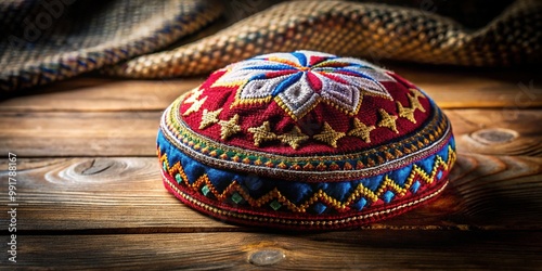 Traditional Jewish Cap Displayed on a Wooden Table with Soft Natural Lighting and Textured Fabric