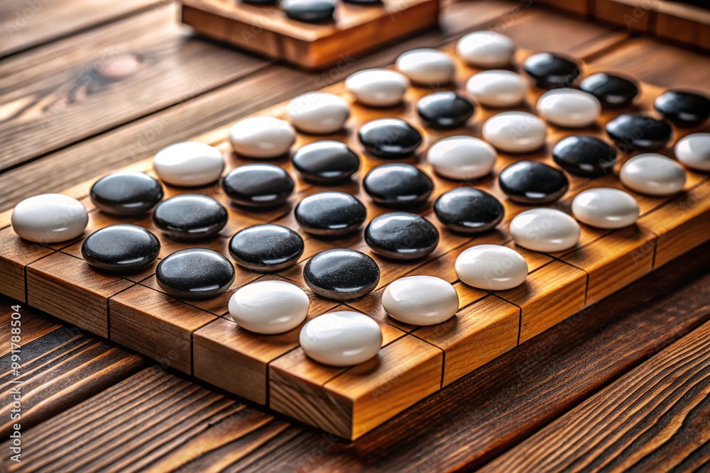 Traditional Weiqi Game Set on Wooden Table with Black and White Stones in Elegant Arrangement Traditional Weiqi Game Set on Wooden Table with Black and White Stones in Elegant Arrangement