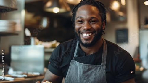 A cheerful chef joyfully creates a tasty meal in a lively kitchen environment