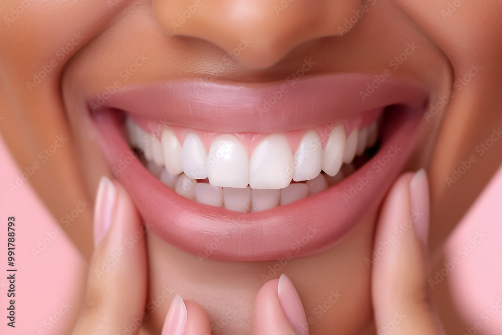 Obraz premium A woman with a radiant smile displays her bright white teeth, gently touching her mouth. The soft pink backdrop accentuates her joyful expression and dental care