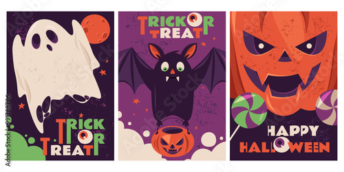 Halloween banners or flyers. Set of vector illustrations. Flat cartoon design. Vertical greeting cards for holiday invitation. Spooky ghost, scary pumpkin and funny bat characters. Trick or treat.
