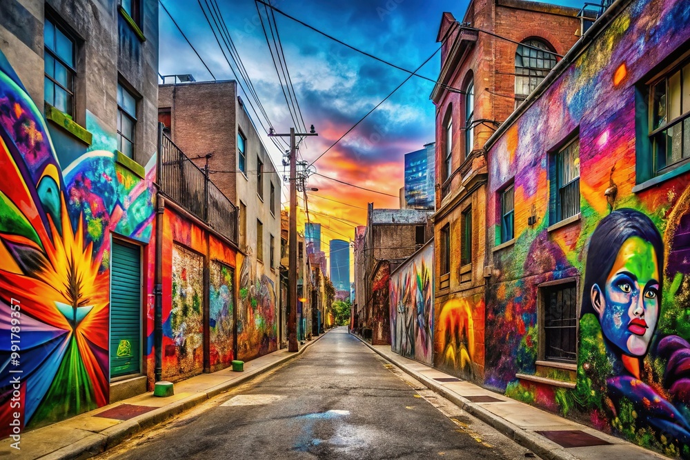 Fototapeta premium Urban Street Scene Featuring Abstract Art and Graffiti Illustrating Themes of Struggle and Survival