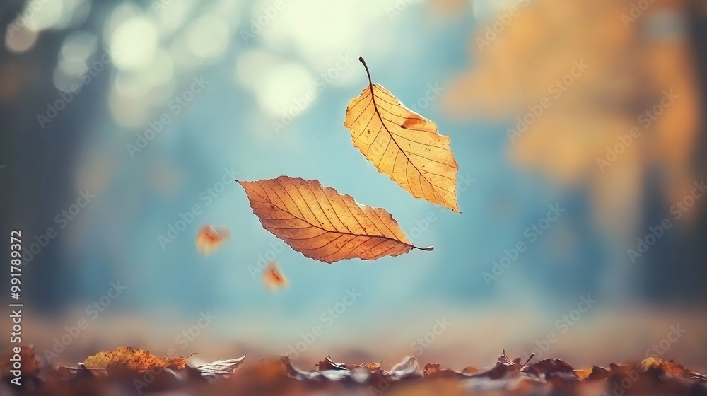 A pair of floating leaves above a mound of fallen foliage in front of a hazy background A pair of floating leaves above a mound of fallen foliage in front of a hazy background