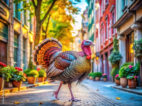 Urban Turkey Wandering Through City Streets, Blending Nature and Urban Life in the Heart of Town photo