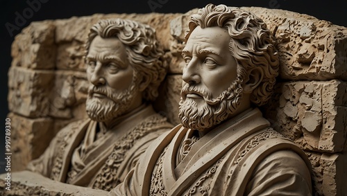 Sculptures of historical figures with intricate stone details.