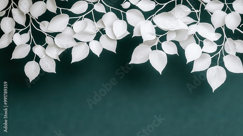  A white leaf close-up on a green background with a naming space photo