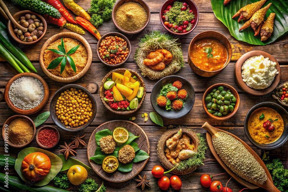 Vibrant and Colorful Display of Exotic Foods from Around the World on a Rustic Wooden Table Vibrant and Colorful Display of Exotic Foods from Around the World on a Rustic Wooden Table