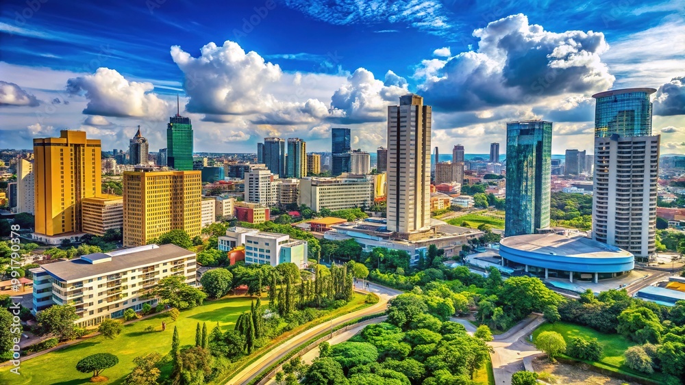Fototapeta premium Vibrant Cityscape of Nigeria Showcasing Modern Architecture and Lush Greenery Under Blue Sky