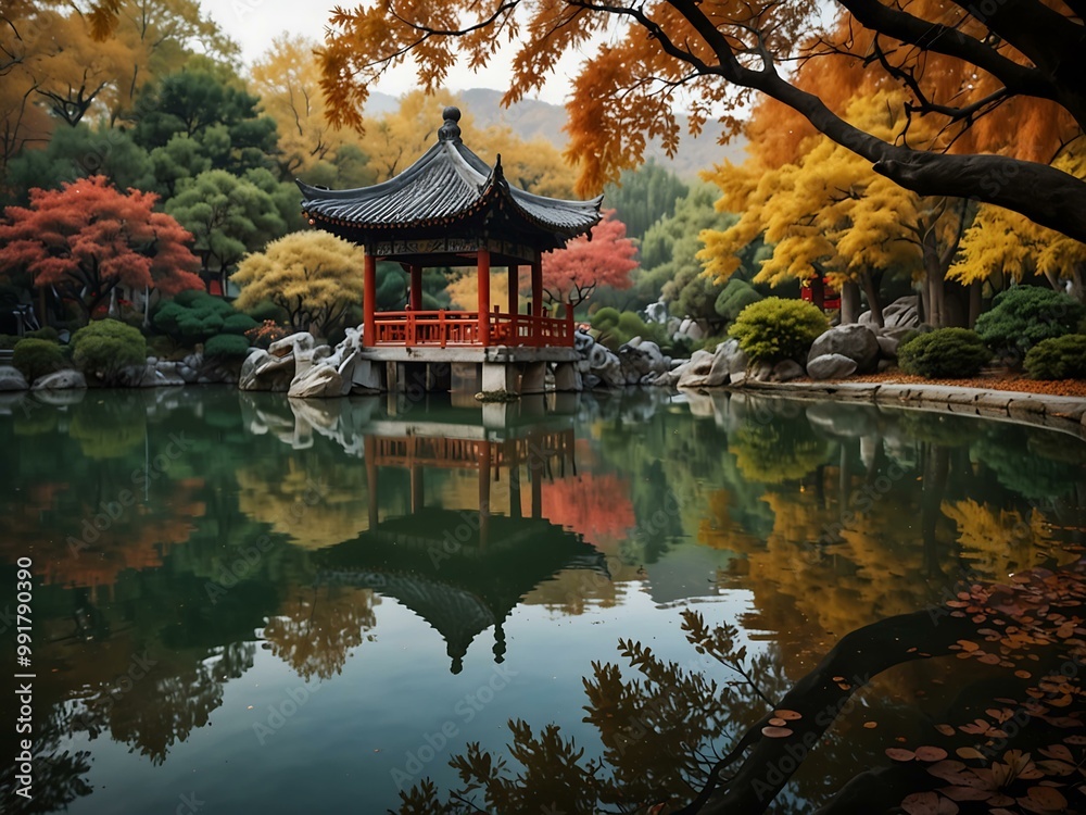 Serene autumn scene in a Chinese garden with a calm lake. Serene autumn scene in a Chinese garden with a calm lake.
