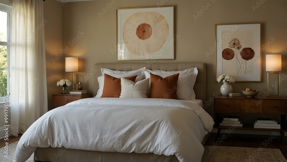 Serene bedroom with white linen and warm tones. Serene bedroom with white linen and warm tones.