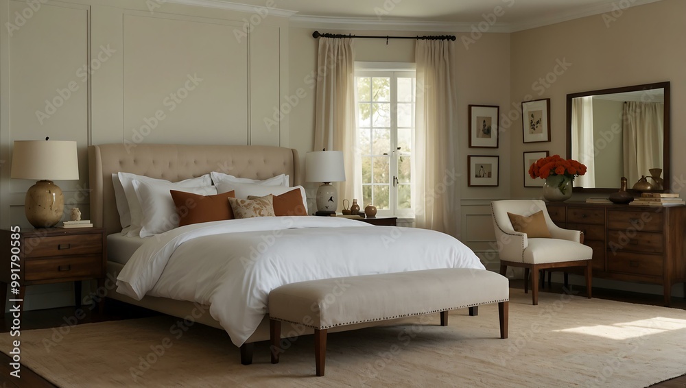 Serene bedroom with white linen and warm tones. Serene bedroom with white linen and warm tones.
