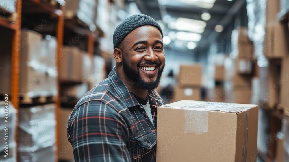 An enthusiastic African man carries boxes filling a busy warehouse with energy An enthusiastic African man carries boxes filling a busy warehouse with energy