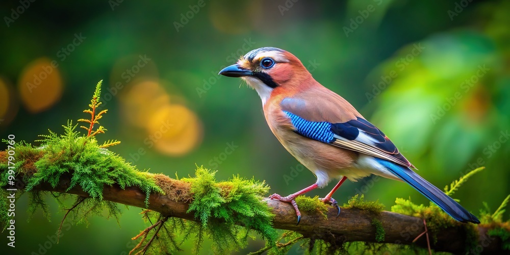 Obraz premium Vibrant Eurasian Jay Perched on a Branch Amidst Lush Green Foliage in Natural Habitat Setting