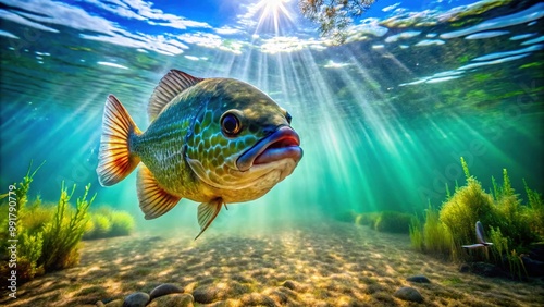 Vibrant Freshwater Sunfish Swimming Gracefully in Clear Blue Water of Natural Habitat Environment photo