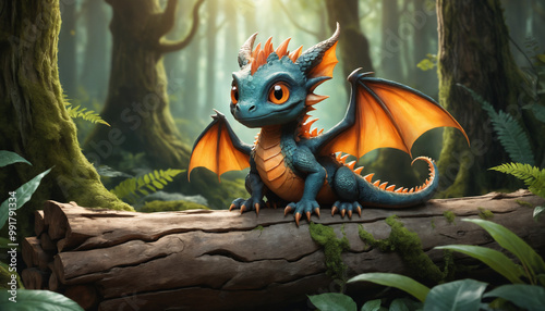 Petit dragon 3D mignon bleu ailes oranges Fantasy compagnon animal domestique forêt. photo