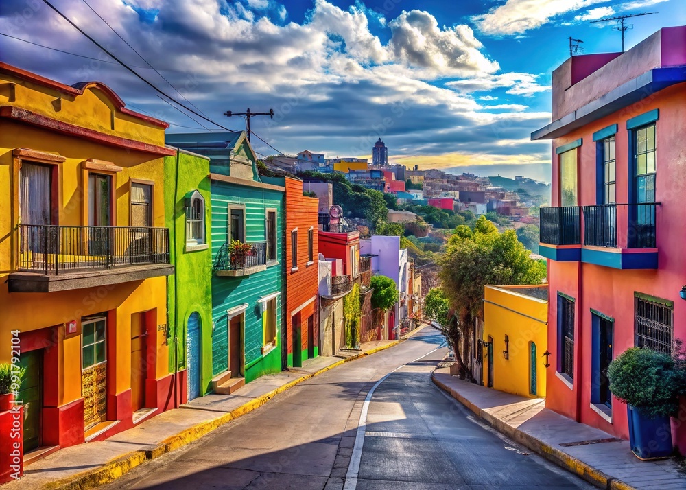 Obraz premium Vibrant Street Scene in Tijuana City Showcasing Colorful Architecture and Lively Urban Atmosphere