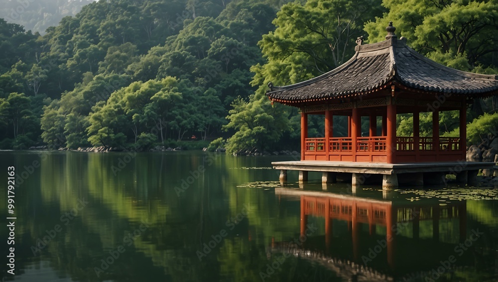 Serene pavilion above a lake with traditional architecture. Serene pavilion above a lake with traditional architecture.