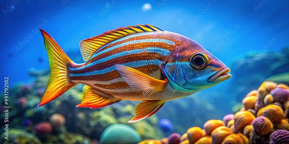 Fototapeta premium Vibrant Striped Fish Swimming Gracefully Through Clear Blue Ocean Waters in Natural Habitat