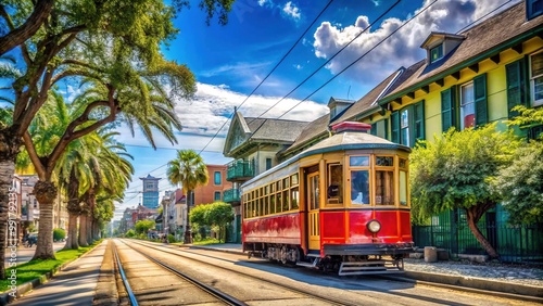 Vibrant streetcar traveling through a historic neighborhood in New Orleans, Louisiana on a sunny day