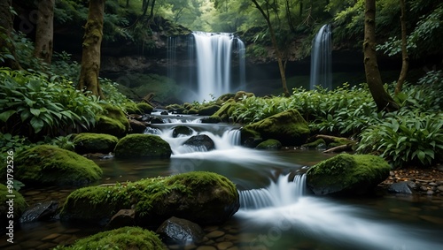 Serene waterfall in a lush green forest.