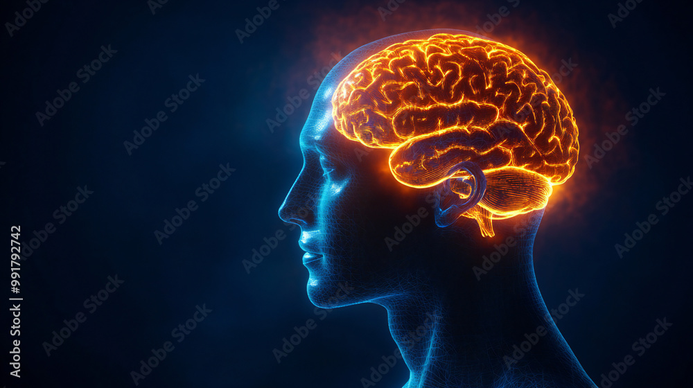 Fototapeta premium Human head with a glowing brain.