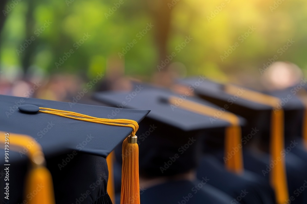 graduation, close up student hats in during commencement success ...