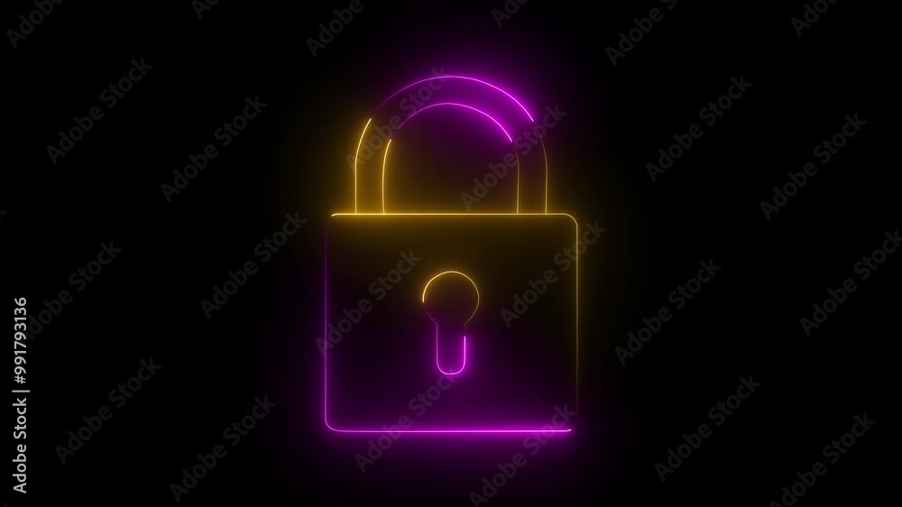 Lock icon animation by pink-yellow color neon on black background. Lock icon animation by pink-yellow color neon on black background.