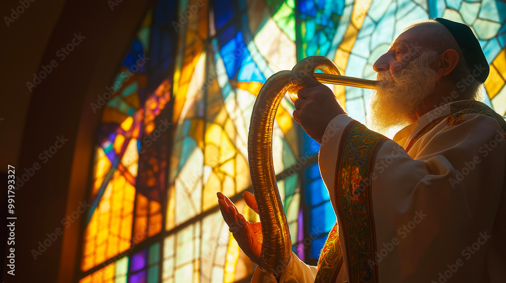 Shofi Rabbi A rabbi blowing the shofar at a synagogue, capturing the solemn moment ...