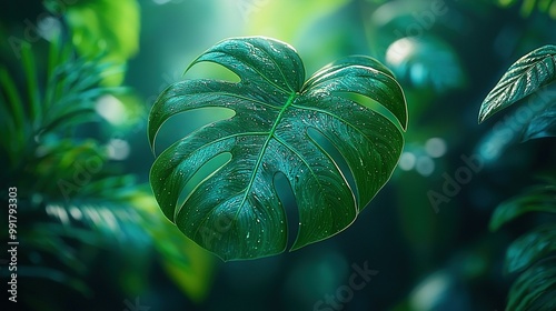   Green plant with water droplets and sunlight shining through its leaves