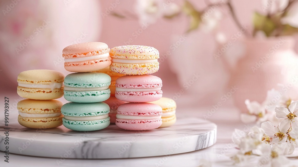 A set of macarons on a marble counter with a white-flowered vase nearby A set of macarons on a marble counter with a white-flowered vase nearby