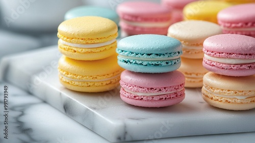   A photo of macroons in close-up on a white dish, alongside macaroni and cheese photo