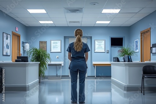 nurse standing in the hospital waiting room, doctor office, 