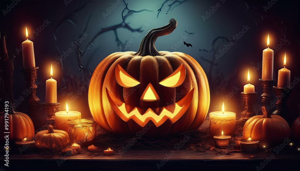Halloween pumpkins with glowing faces and candles on dark background. Halloween pumpkins with glowing faces and candles on dark background.