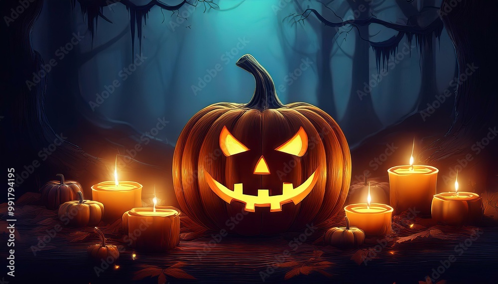 Naklejka premium Halloween pumpkins with glowing faces and candles on dark background.