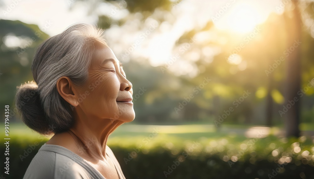 Japanese elderly woman breathing a fresh air in the park, meditation Japanese elderly woman breathing a fresh air in the park, meditation