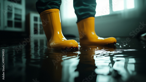 A person wearing yellow rubber boots stands near the edge of a room where water continues to pour in through a broken window, the light from outside casting eerie reflections on th