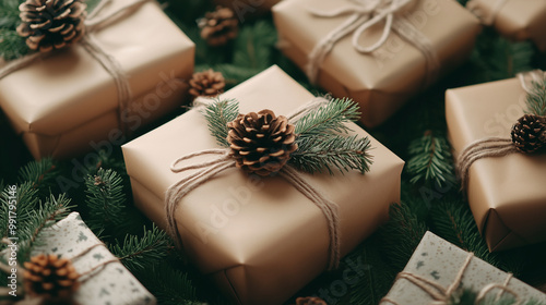 Beautifully Wrapped Holiday Gifts With Pinecones and Greenery Arranged on a Festive Surface photo