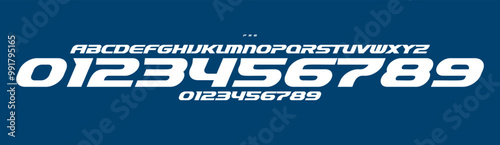 Speed typography, italic sans serif numbers and letters, aerodynamic font for racing branding, jersey numbers, team merchandise. Vector typeset