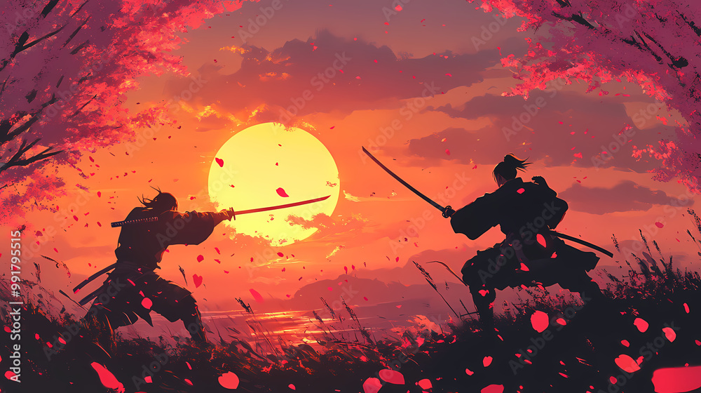 Dynamic anime action scene capturing a fierce sword duel between two skilled warriors set against a backdrop of cherry blossom petals and a setting sun. Samurai Duel. Illustration Dynamic anime action scene capturing a fierce sword duel between two skilled warriors set against a backdrop of cherry blossom petals and a setting sun. Samurai Duel. Illustration